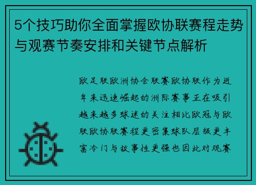 5个技巧助你全面掌握欧协联赛程走势与观赛节奏安排和关键节点解析 5个技巧助你全面掌握欧协联赛程走势与观赛节奏安排和关键节点解析