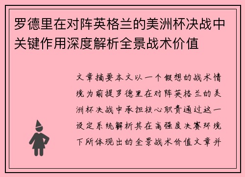 罗德里在对阵英格兰的美洲杯决战中关键作用深度解析全景战术价值