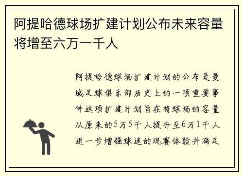 阿提哈德球场扩建计划公布未来容量将增至六万一千人